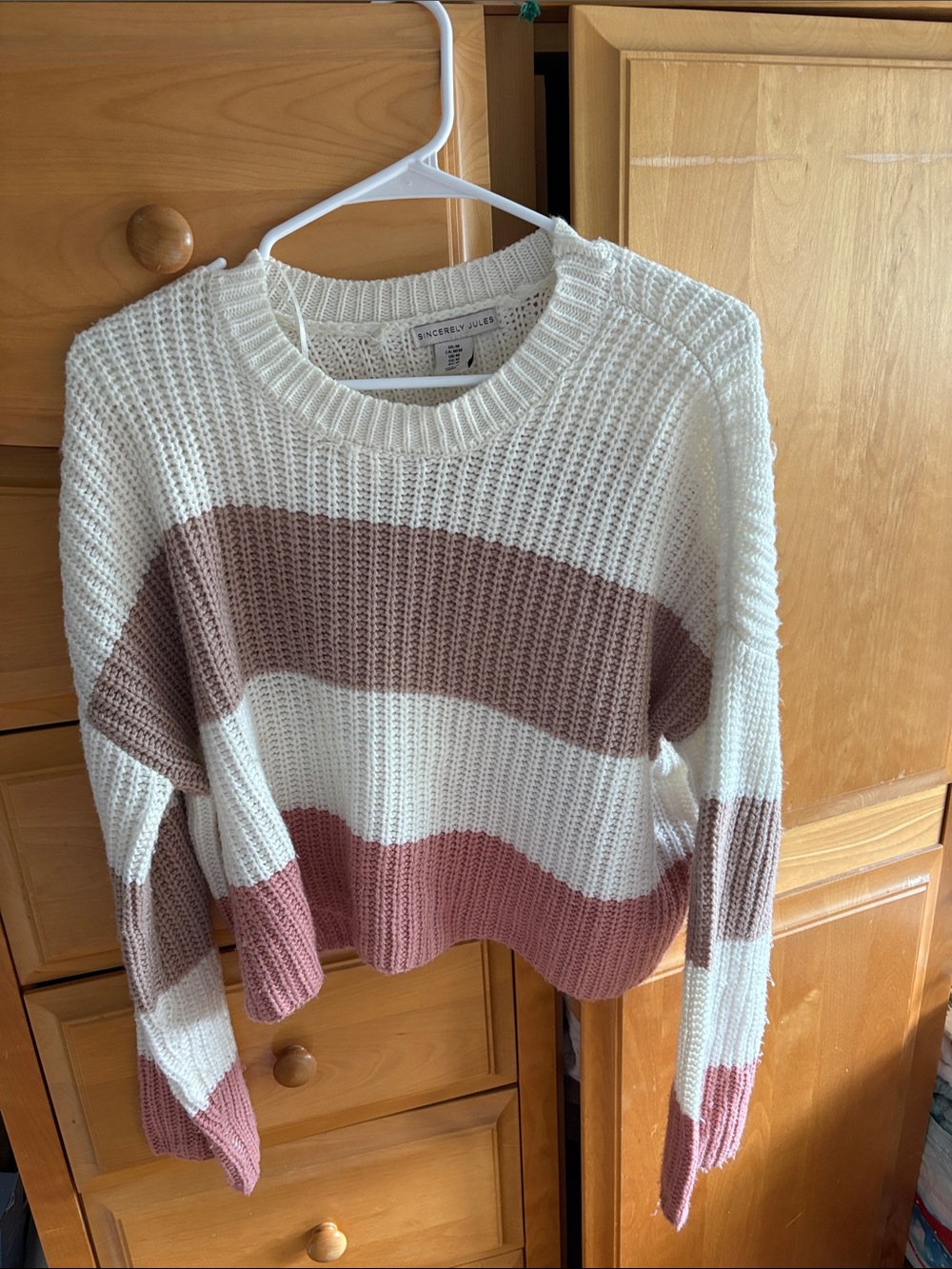 Sincerly Jules Cream, Mauve & Rose Striped Crew Sweater